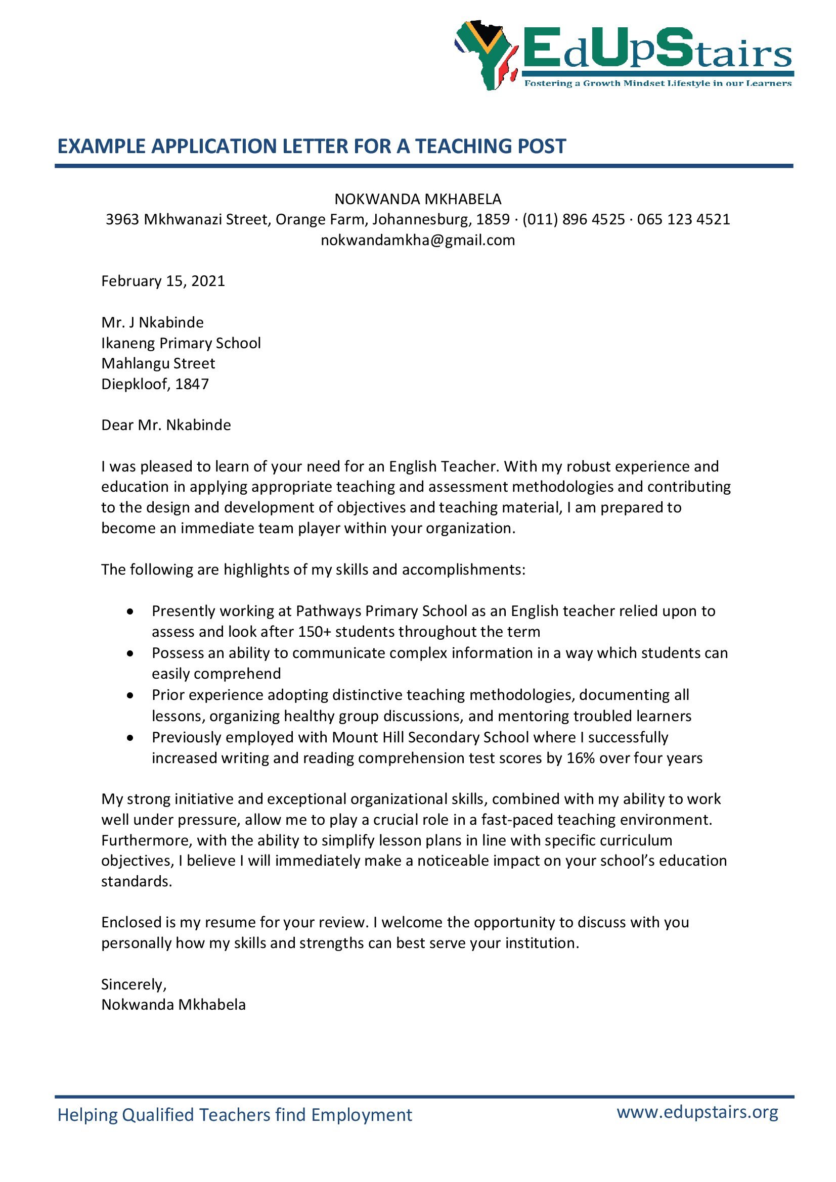 HOW TO WRITE A WINNING APPLICATION LETTER FOR A TEACHING POST Edupstairs