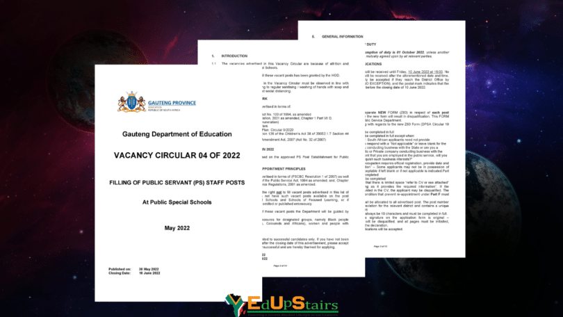 GAUTENG DEPARTMENT OF EDUCATION PUBLIC SERVANT (PS) STAFF POSTS VACANCY CIRCULAR 04 OF 2022