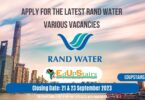 APPLY FOR THE LATEST RAND WATER VARIOUS VACANCIES CLOSING 21 & 23 SEPTEMBER 2023