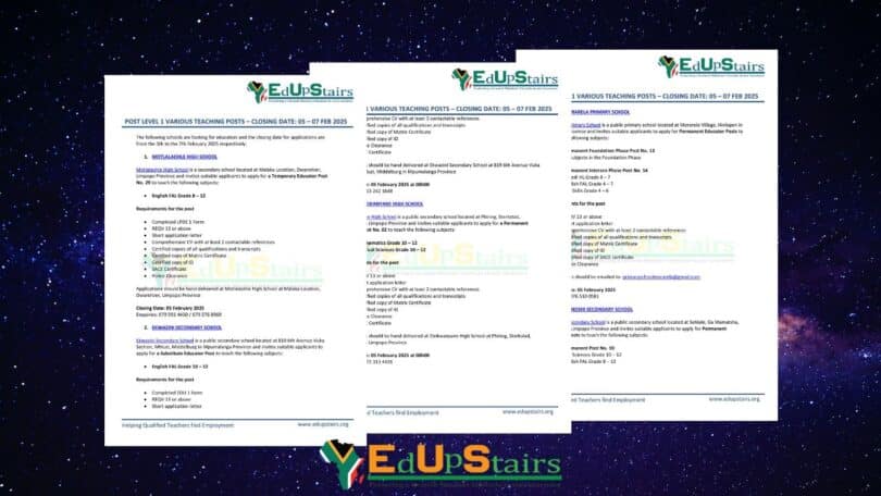 POST LEVEL 1 VARIOUS TEACHING POSTS CLOSING FROM THE 5th - 7th FEBRUARY 2025