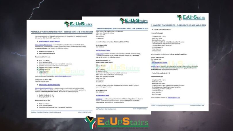 POST LEVEL 1 VARIOUS TEACHING POSTS CLOSING ON THE 19th & 20th MARCH 2025